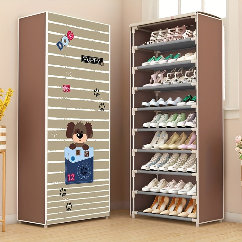 Stylish and durable shoe cabinet with dust cover, featuring a fabric cover with zipper. This shoe rack is perfect for hallways, closets, and garages. The free-standing metal shoe storage rack comes in various patterns.