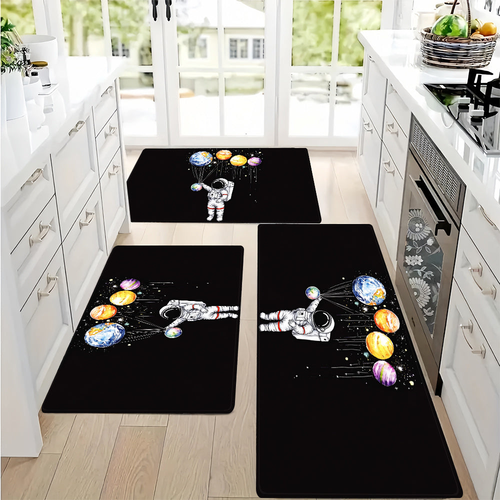 Get your hands on this 1pc Space-Themed Non-Slip Kitchen Mat featuring an Astronaut & Planets design. Made of waterproof, oil-resistant, and easy to clean polyester, this floor mat is perfect for the kitchen, bathroom, or entryway. It's ideal for adding