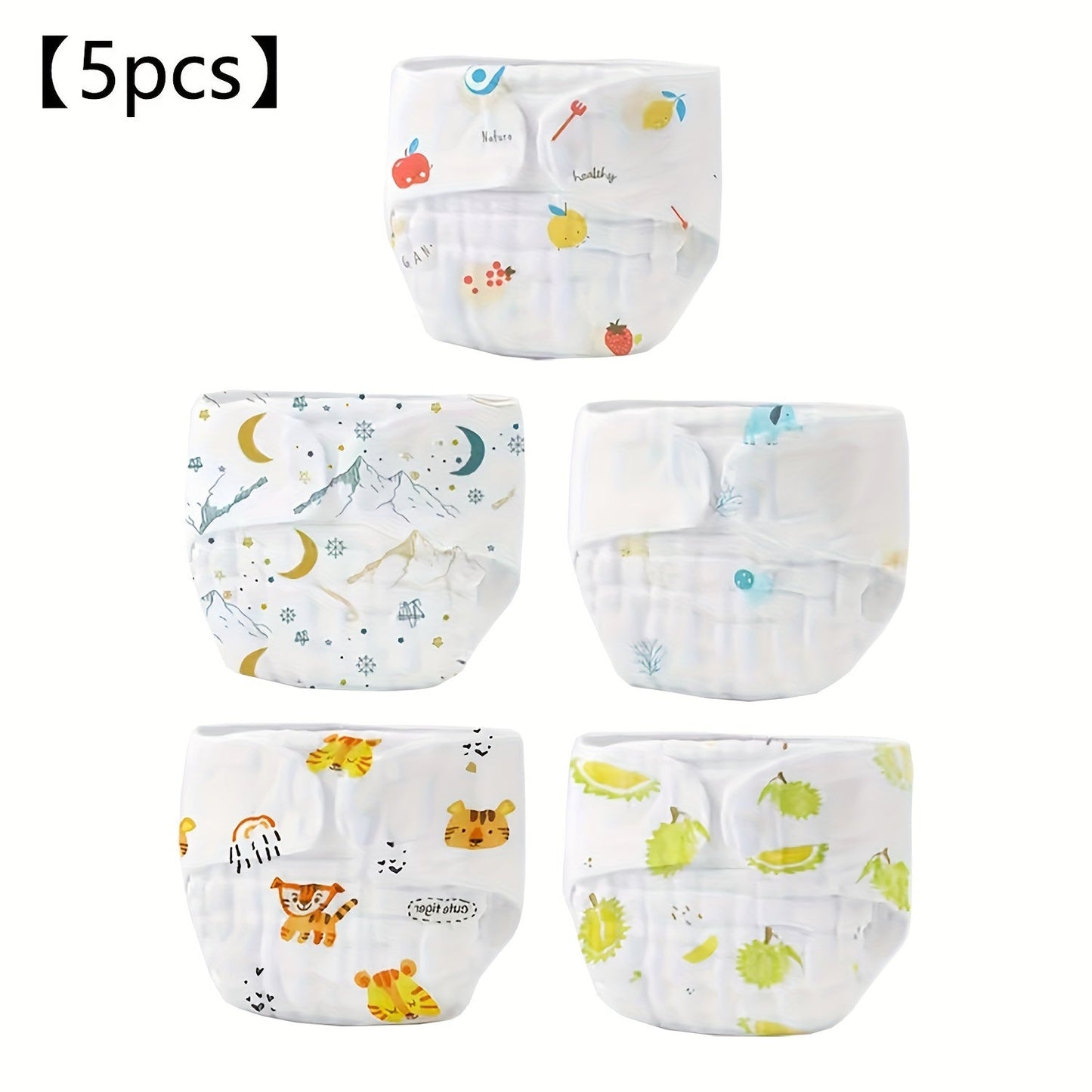 Soft and reusable training diapers with adorable cartoon prints, perfect for youngsters aged 0-6 years. These washable cloth potty pants make a great holiday gift for Christmas, Halloween, and New Year. Get 5 pieces in this set.