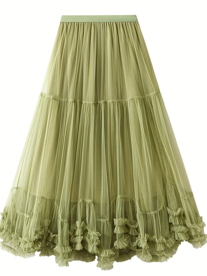 High-waist slimming mesh skirt with layered ruffles, machine washable - ideal for all seasons.