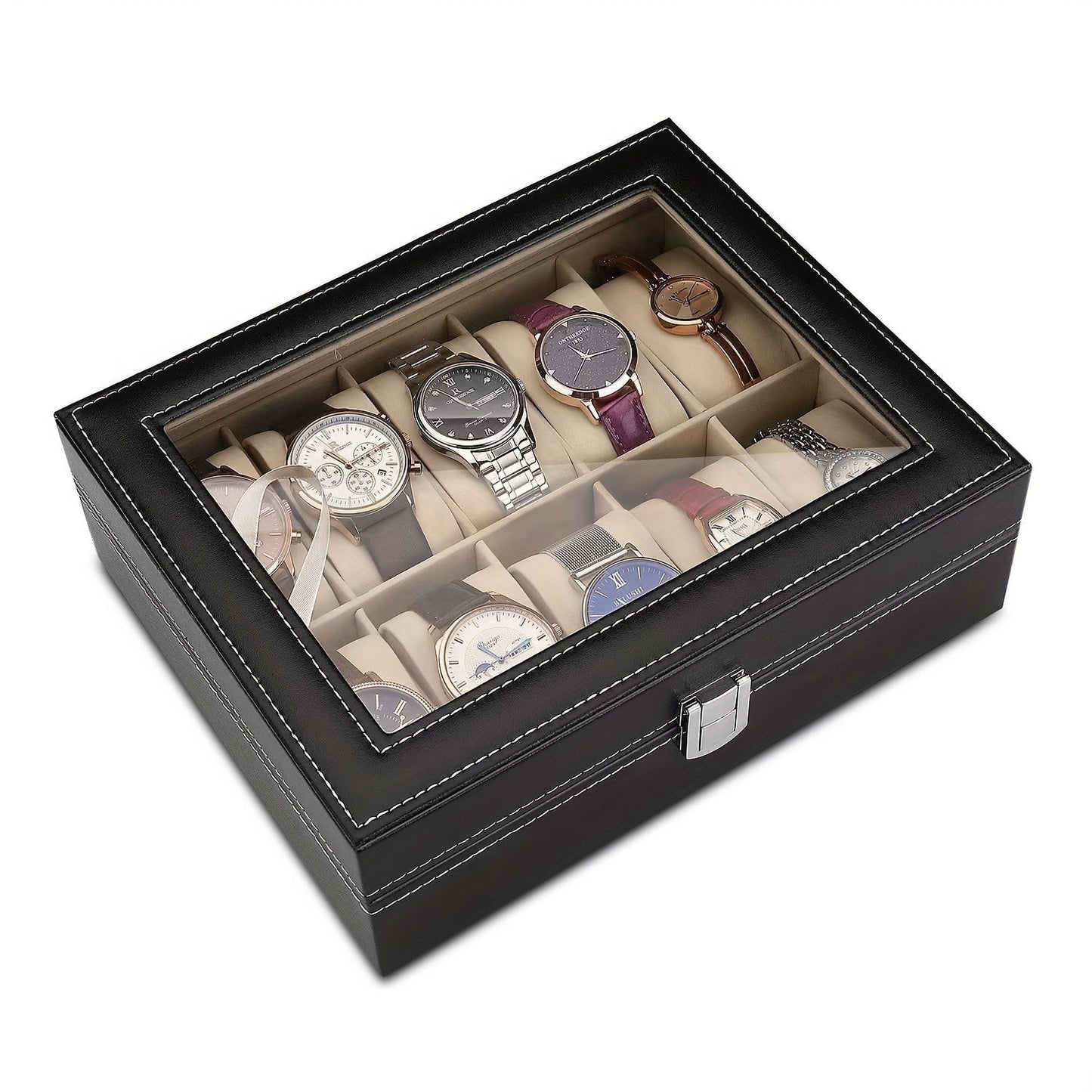 Elegant Black PU Leather Hand Jewelry Watch Storage Box with Dustproof Transparent 6/10 Slots, Equipped with Lock - Perfect Gift Choice