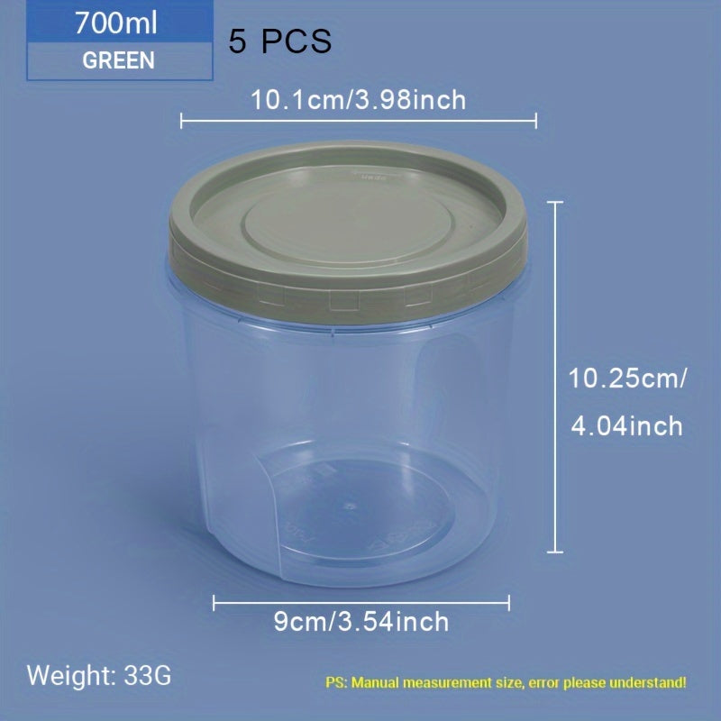 Five pieces of round plastic containers with reusable lids, ideal for storing food, snacks, and lunch. These small freezer storage jars come with screw lids and are microwave safe.