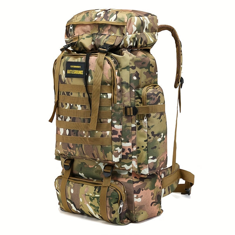 Durable camo travel backpack made from waterproof Oxford cloth, perfect for outdoor adventures and long trips.