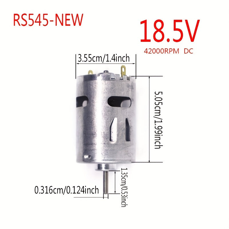 Новый DC мотор RS545 - 1 штука, 18.5В, 42000 об/мин, подходит для аксессуаров пылесоса. Изготовлен из металла и пластика, идеально подходит для замены щетки для пыли в доме и на кухне.