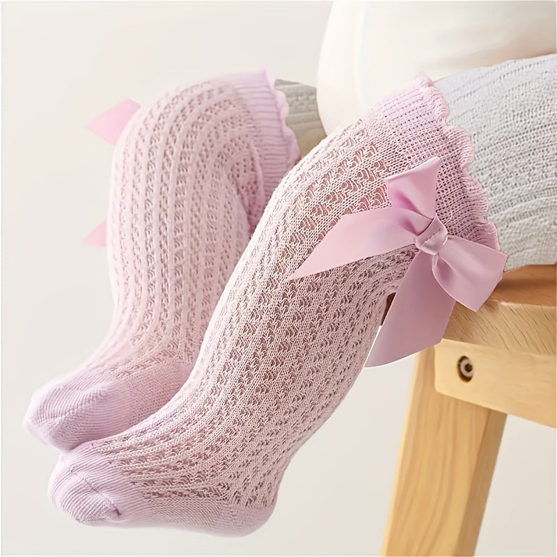 Girl's Bowknot Knitted Crew Socks, Mesh Cotton Blend