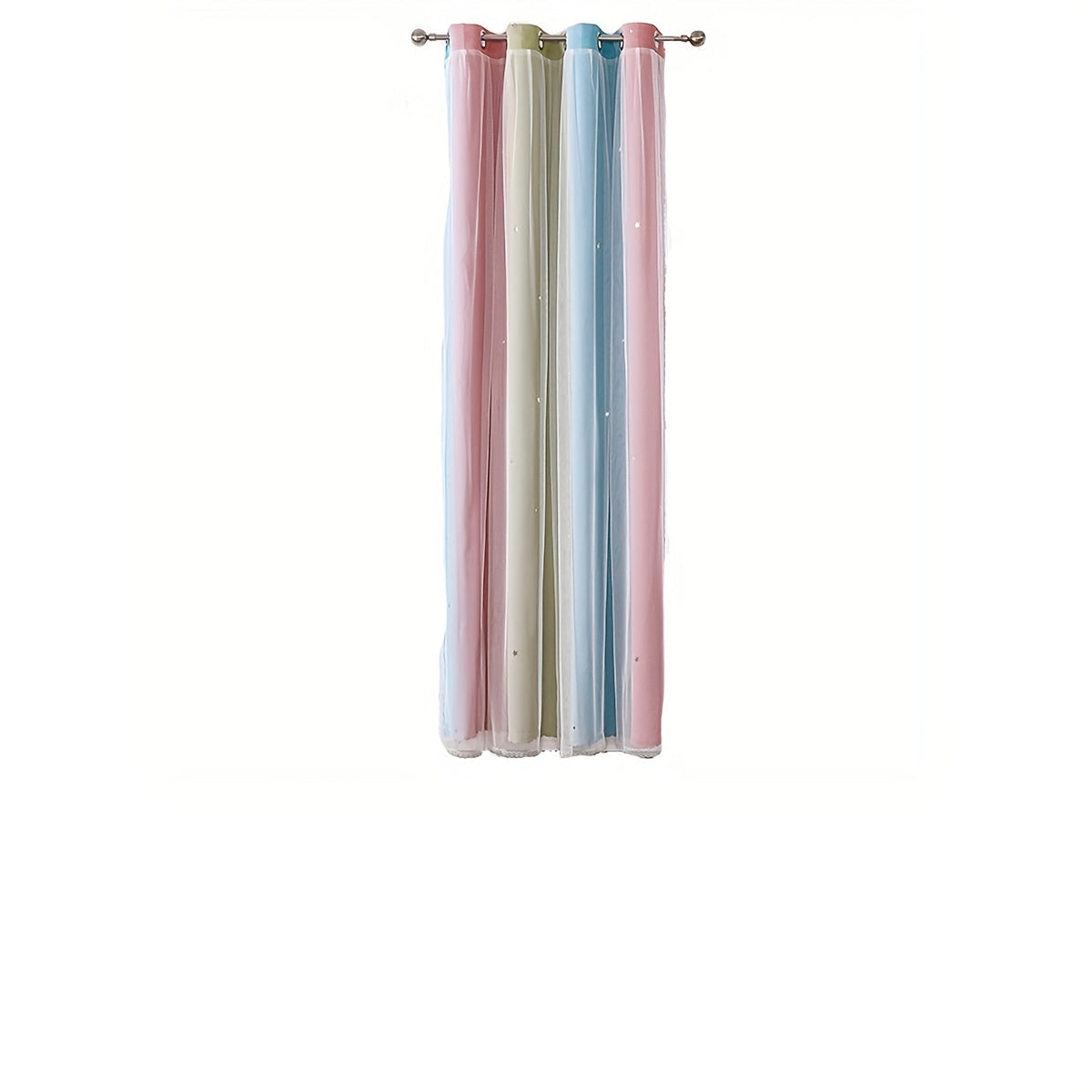 This double-layered grommet top curtain features a rainbow hollow-out star pattern, perfect for adding a whimsical touch to your nursery, bedroom, or living room. Enhance your home decor with this charming panel curtain.