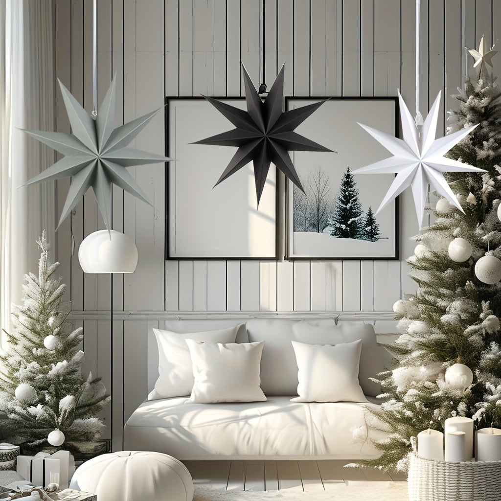 3 black, grey, and white 3D paper star lanterns, each measuring 30.48cm, ideal for Christmas and Xmas party decorations indoors.