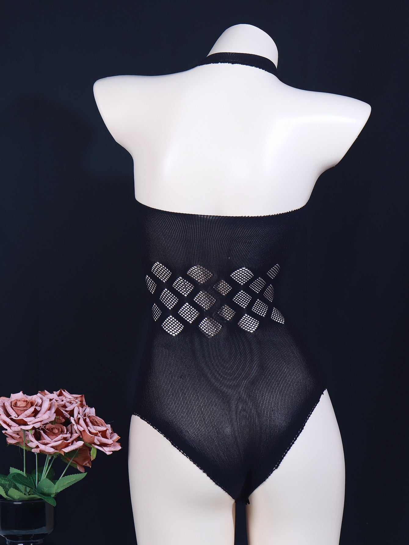 Sexy geometric-pattern knit bodysuit for women, high support, hollow detail, sleeveless diamond halter, adult size, no padding, polyamide fabric, intimate apparel.