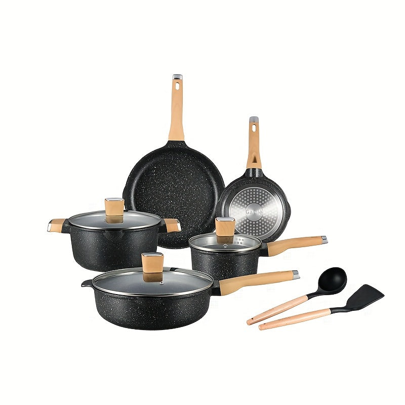 Nonstick Cookware Set includes 10 pieces of aluminum kitchen pots and pans, as well as a frying pan, casserole, saucepan, lids, and utensils. This set is compatible with all stovetops.