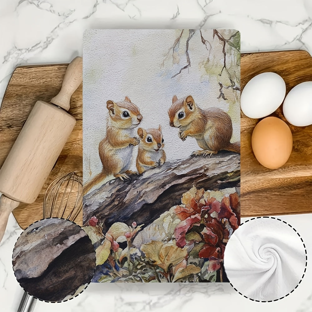 Two pieces of Coastal Style Chipmunk kitchen towels made from super absorbent polyester knit fabric. These towels are machine washable and have a contemporary oblong shape, perfect for holiday decor. Each towel measures 40.64x60.96 cm.