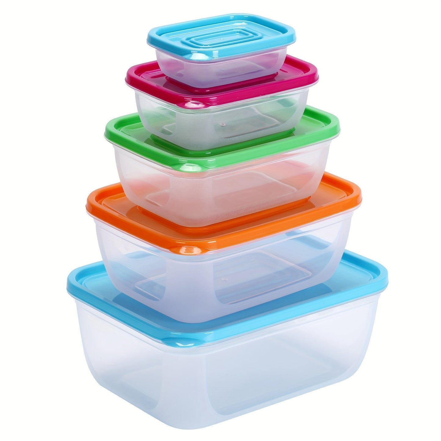 A collection of square and round plastic storage containers with airtight seals, perfect for keeping food organized in the refrigerator.