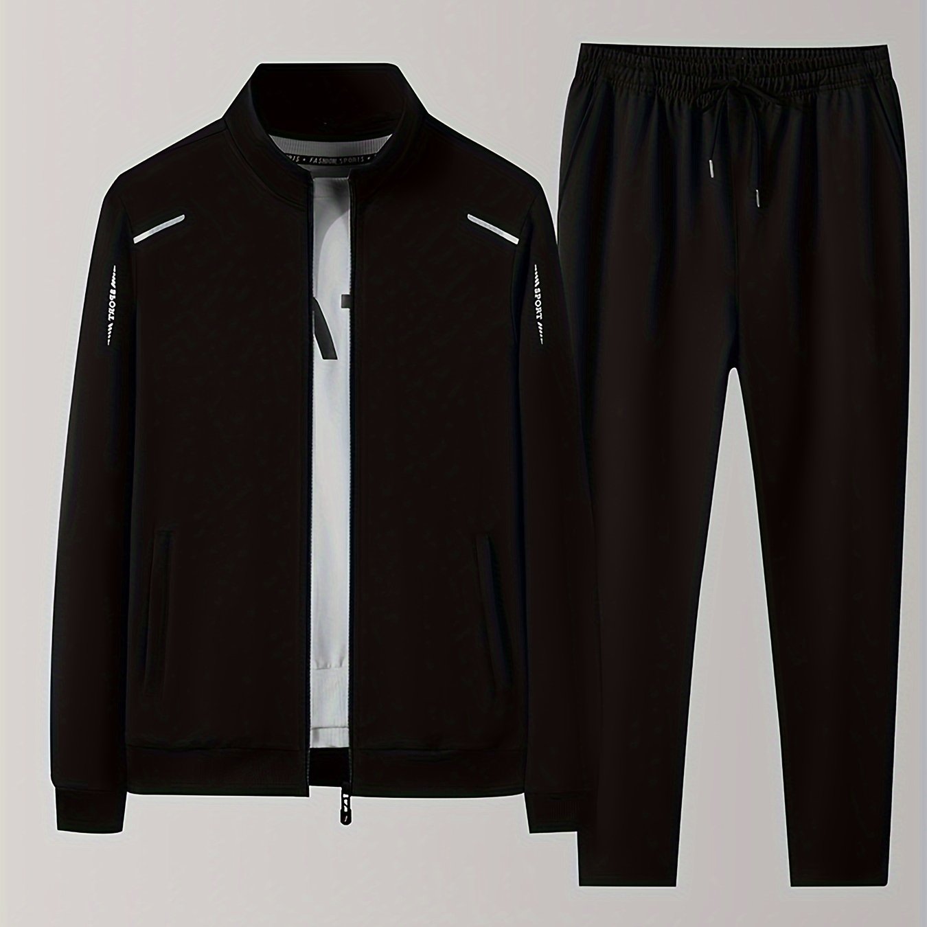 Men's athletic tracksuit set with zip-up jacket and jogging pants for gym workouts and running.