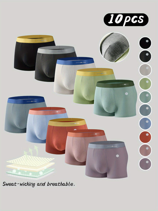 10 cotton boxer briefs for men with elastic waistband, sweat absorbent and color block design.