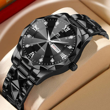 Men's stainless steel watch with night glow rhinestone rivets in a fashionable business style.