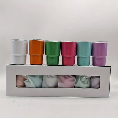 6-piece set of stainless steel shot cups with lids and straws, featuring tumbler design and insulated construction for use in bars, pubs, clubs, restaurants, and homes.