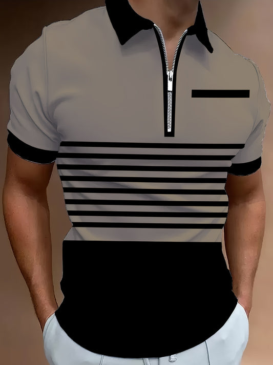 Stylish men's golf shirt with color blocking stripes, perfect for summer. Great for casual wear and available in plus sizes.