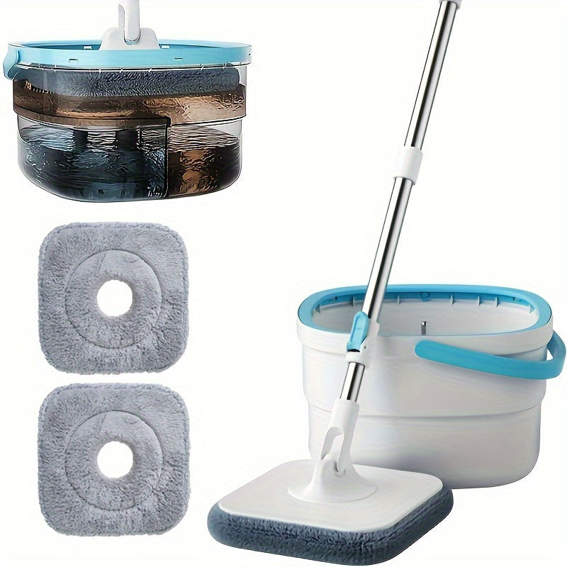 The set includes a 360° rotating microfiber mop with bucket, extendable handle, dual-use for wood and laminate, pet-friendly design, 2 pads included, integrated drain, easy-to-push handle, and is perfect for cleaning living room, kitchen, glass, walls