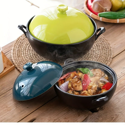 Blue Lid Ceramic Casserole Dish with 2000ml/67.62oz Capacity - Perfect for High-Temperature Cooking on Gas and Open Flame, Ideal for Stir-fry, Rice, Coal Gas, and Small Rice Pot