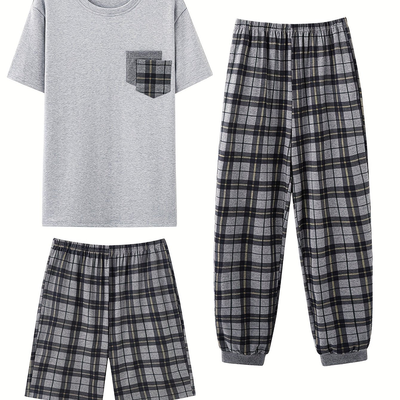 Men's casual short sleeve crew neck stripe pajama set in polyester elastane knit fabric with front pocket. Includes classic plaid shorts and trousers. Suitable for all seasons nightwear