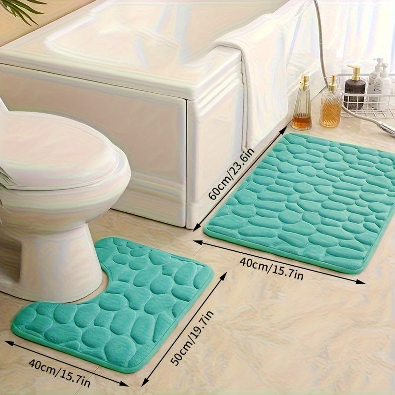 Two pieces of ultra-soft bath mats with stone embossing, 25D thick sponge material. Non-slip and highly absorbent, suitable for use in the shower, kitchen, laundry room, and as bedroom decor.