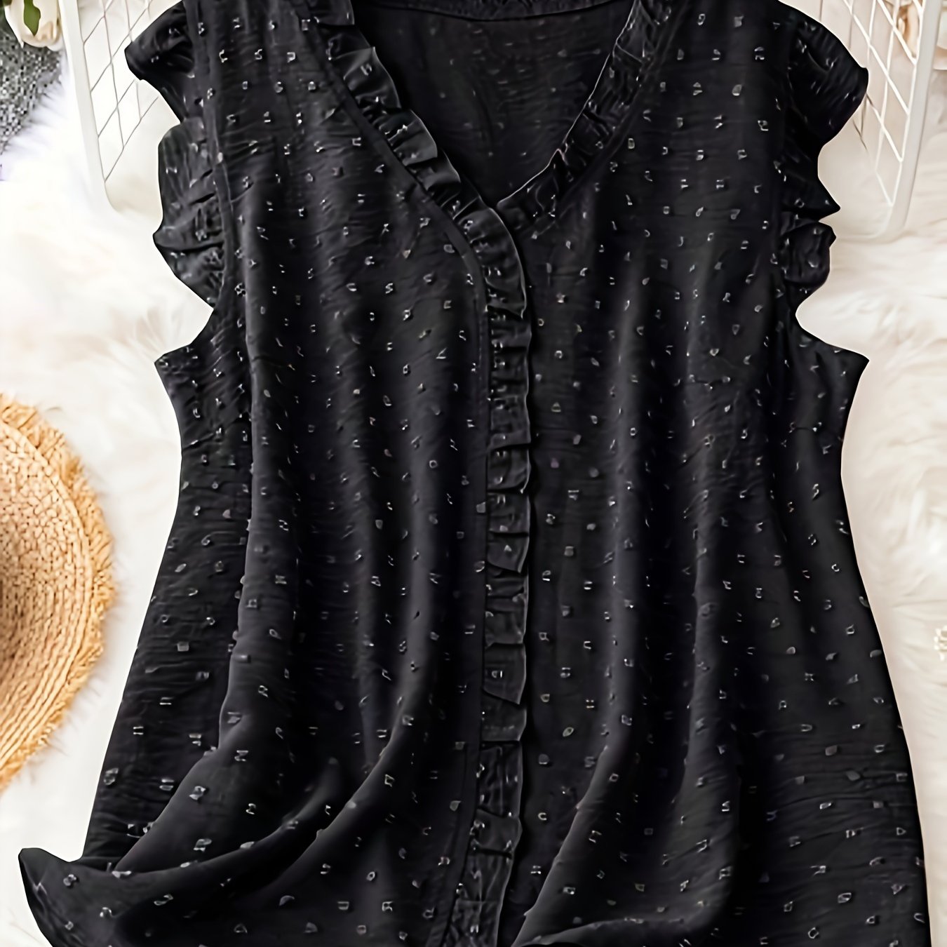 Elegant V-Neck Sleeveless Blouse for Plus Size Women with Polka Dot Pattern, 3D Lace Trim, and Ruffled Detail, Suitable for Casual or Formal Occasions.