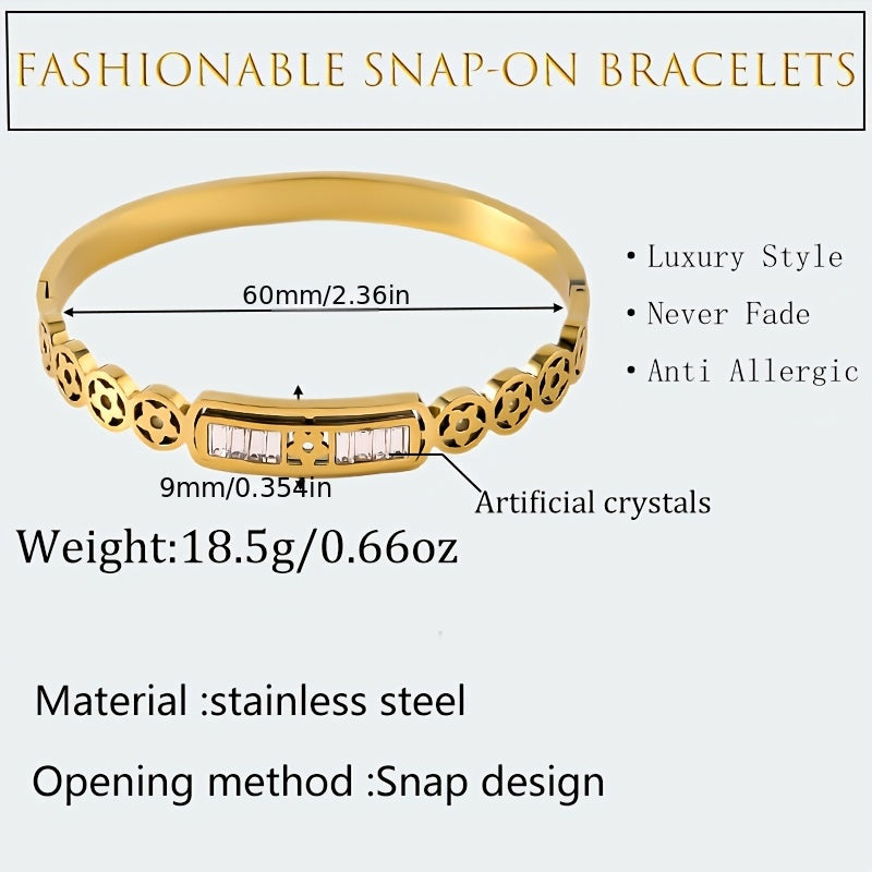 Stylish Stainless Steel Bracelet for Women, featuring a Cute Hollow-Out Design adorned with Rhinestone Accents. Versatile Snap Clasp Bangle perfect for everyday wear or as a gift. Made from durable Ti Alloy with a charming Five-pointed Star Vintage