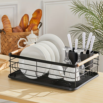 LDQ Single-Tier Dish Rack with Removable Cutlery Holder, Drip Tray, Wooden Handle, White, Large Capacity, Rustproof, Kitchen Counter Organizer