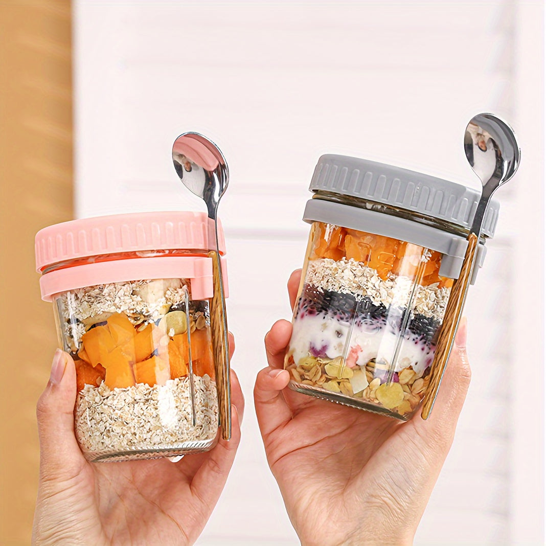 2 350ml glass jars with spoon for overnight oats, salads, or yogurt - plain design