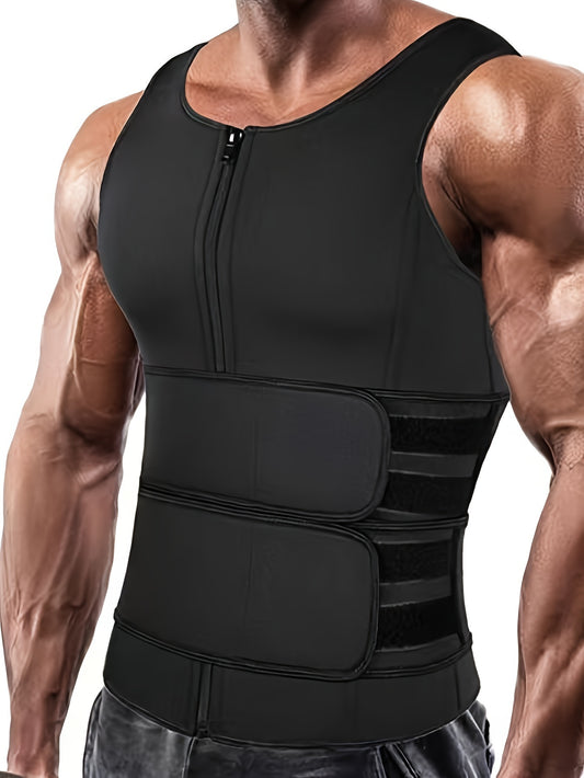 Men's Slimming Body Shaper Vest with Waist Trimmers and Zipper. Neoprene-Nylon blend, Tummy Control for Fitness. Breathable knit fabric, All-Season Wear, Waist Trainer.