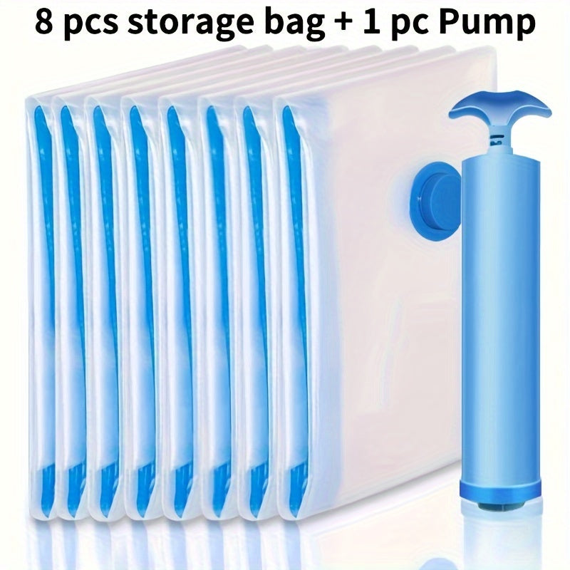 Space Saver Vacuum Storage Bags - Set of 8 with Hand Pump | Plastic Rectangle Compression Bags for Clothes | No Electricity Required | Double Zip Seal | Great for Camping & Travel Organization | Ideal Space-Saving Solution