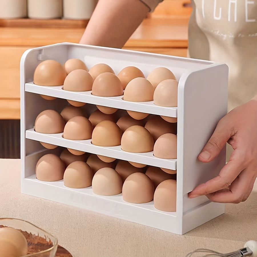 Large capacity plastic refrigerator egg holder with flip storage box for organizing and maintaining freshness of 30 eggs without batteries.