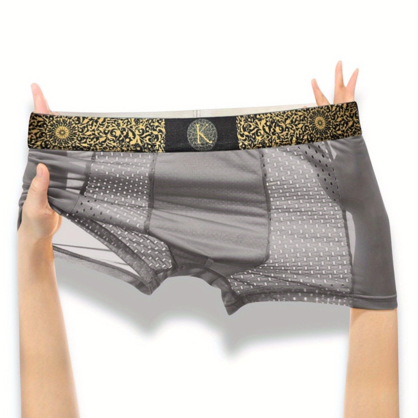 Men's luxury baroque style boxer shorts in black, dark gray, light gray, and sky blue.