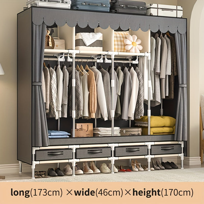 This bedroom wardrobe features a simple design and is made of durable elk cloth. It is sturdy, dust-proof, and includes a steel frame and thick straps for extra reinforcement. The wardrobe has three hanging clothes poles, four drawers, and a