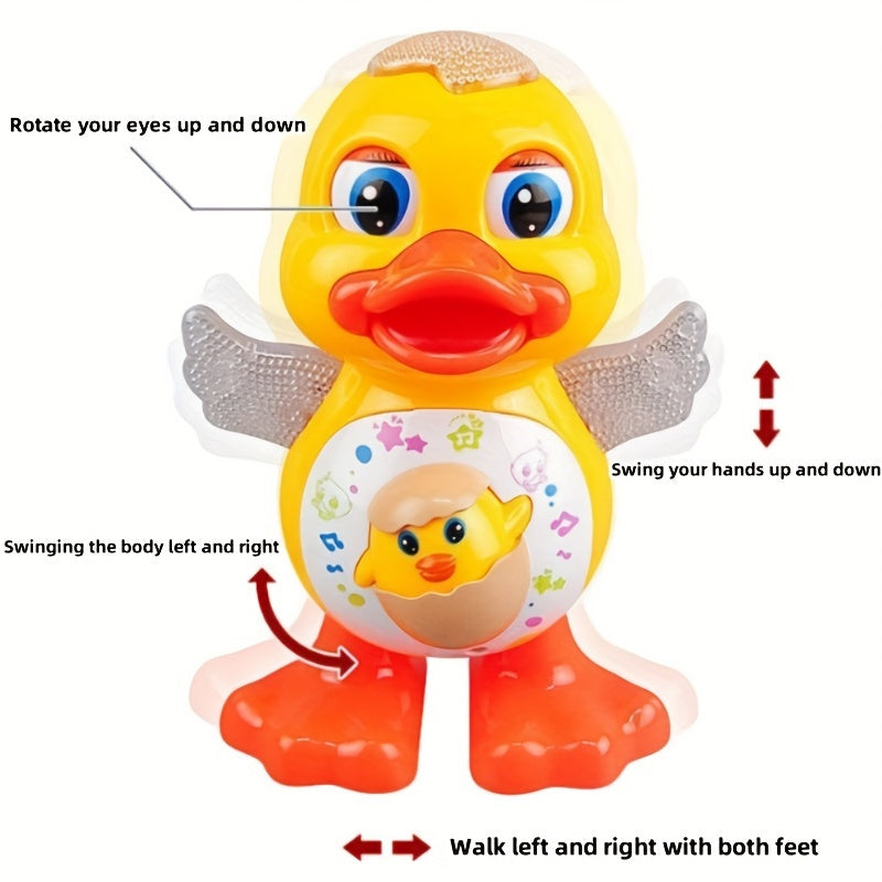 Electric Dancing Duck Toy features blinking lights, music, and adorable cartoon design – a fun interactive toy for kids, powered by batteries (not included). Makes a great gift for Christmas, Halloween, and any holiday season. Perfect for young children.