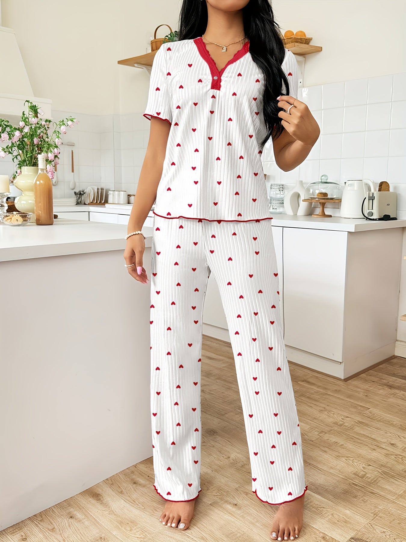 Elegant Heart Cherry Print Women's Pajama Set with V-Neck Lace Blouse and Long Pants. Machine washable polyester knit fabric for spring/summer/fall sleepwear.