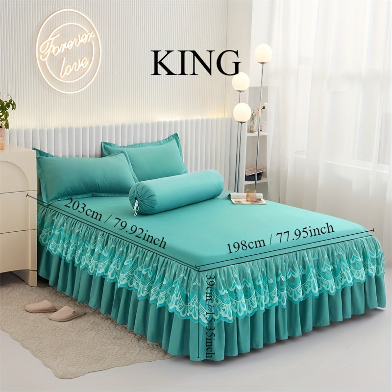 Chic 3-Piece Bed Skirt Set Featuring Double Layer Lace - Comes with 1 Bed Skirt and 2 Pillowcases, in a Solid Color. Non-Slip and Perfect for All Seasons, this Set is Machine Washable for easy care.