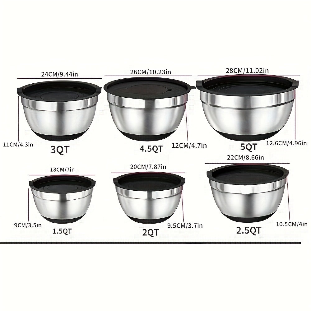 Set of 26 Stainless Steel Mixing Bowls with Lids and Grater - Features Rust-Resistant Material, Non-Slip Bottoms for Convenient Serving and Storage