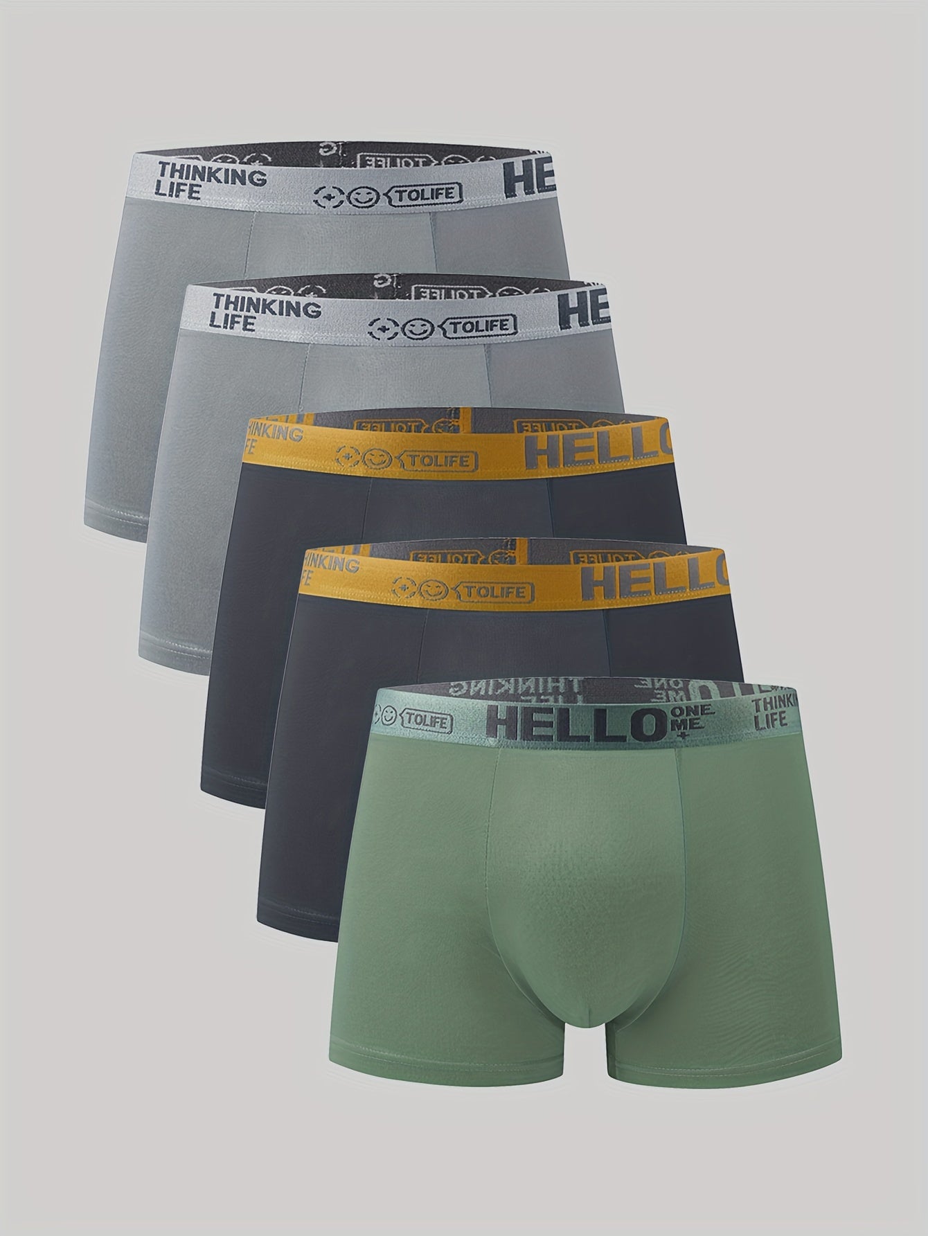 5pcs Men's Boxer Briefs with 'Hello' Print - Breathable, Comfortable, and High-Stretch, Quick-Dry Sports Trunks in Assorted Colors, Elastic Waistband & Cuffs, Polyester/Spandex Blend