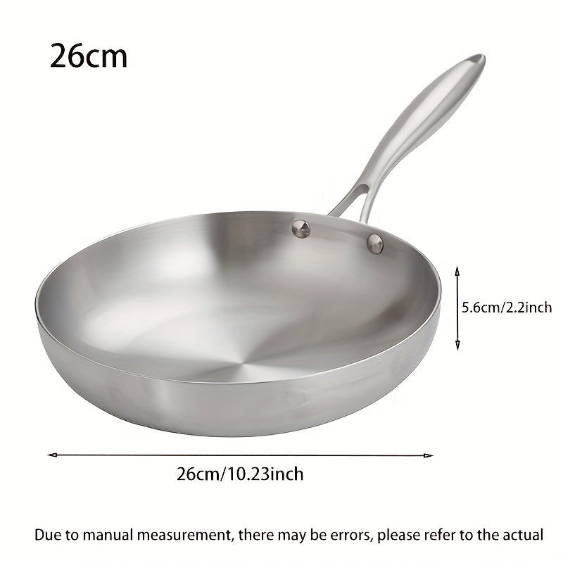 Three sizes of Premium Stainless Steel Frying Pan with Tri-Ply Base for Even Heat Distribution, featuring an Ergonomic Handle and Non-Stick Coating - Suitable for All Stovetops, Easy to Clean.