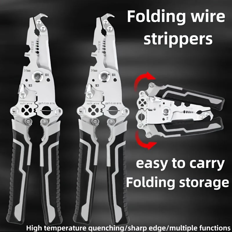 18-in-1 Foldable Wire Stripper & Cutter - Multi-Tool with Wrench, Clamp, Twist, Nail Puller & Screwdriver - Polished Metal Finish, Non-Slip Grip - Ideal for Electricians, DIY & Construction.