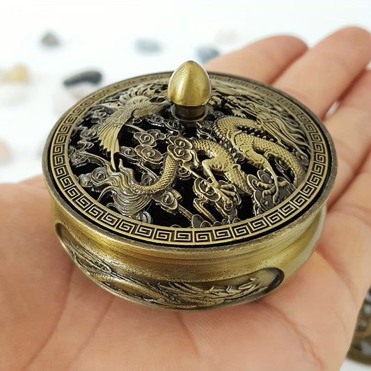 Dragon and Phoenix Hollow Incense Burner for Zen Home Tea Set with Sandalwood Incense Plate Holder