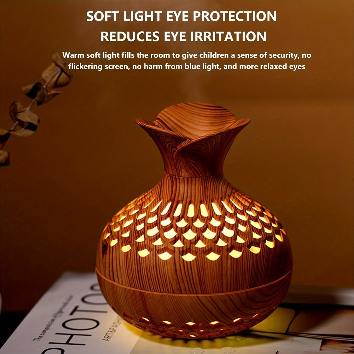 Wood Grain Aromatherapy Lamp & Humidifier: USB Powered, Improves Air Quality, Ideal for Any Room.