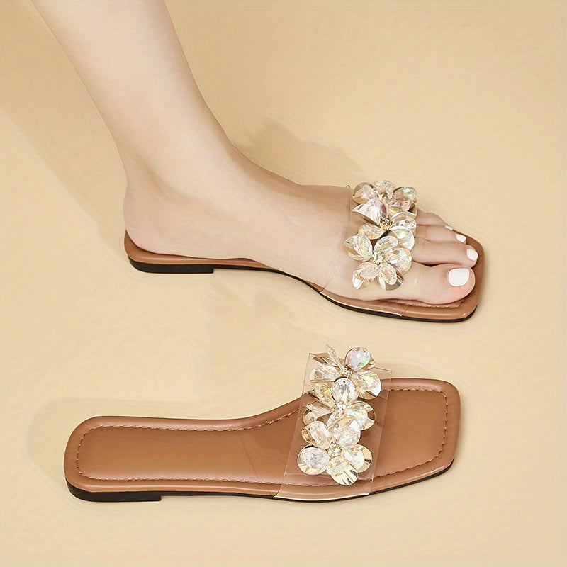 Women's Rhinestone Floral Sandals with Slip-On Transparent Band and Square Toe Flat Soft-Sole.