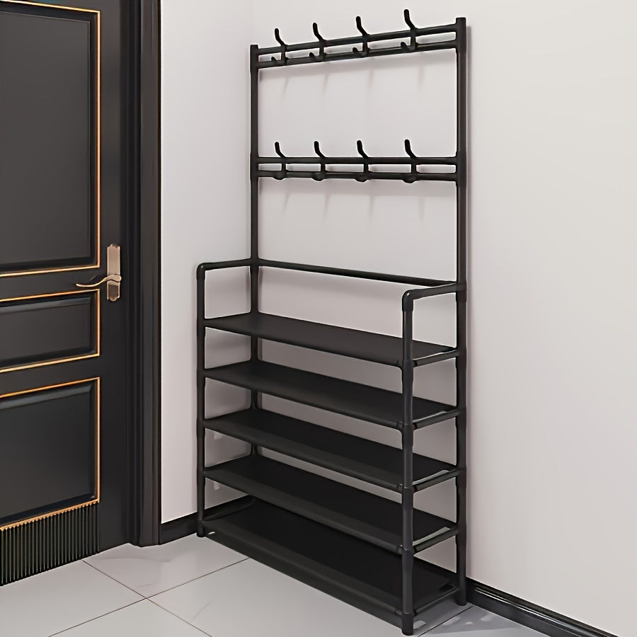 Multi-tier iron storage organizer with 8 dual hooks, versatile shoe rack and coat hanger for various rooms - uncharged, includes SKU quantity.