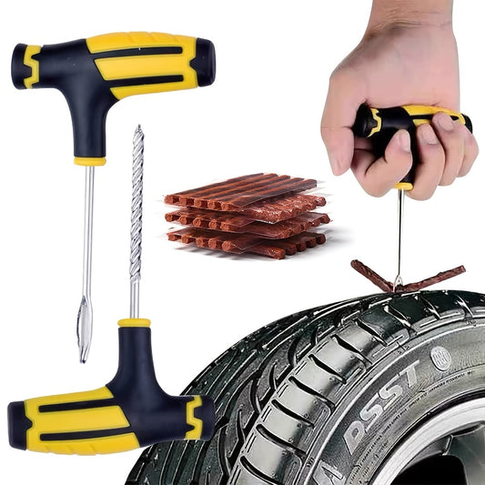 Universal tire repair kit with 4 pieces, ideal for car, motorcycle, and electric scooter. Features easy storage, non-slip handle, and is perfect for emergency roadside repairs.