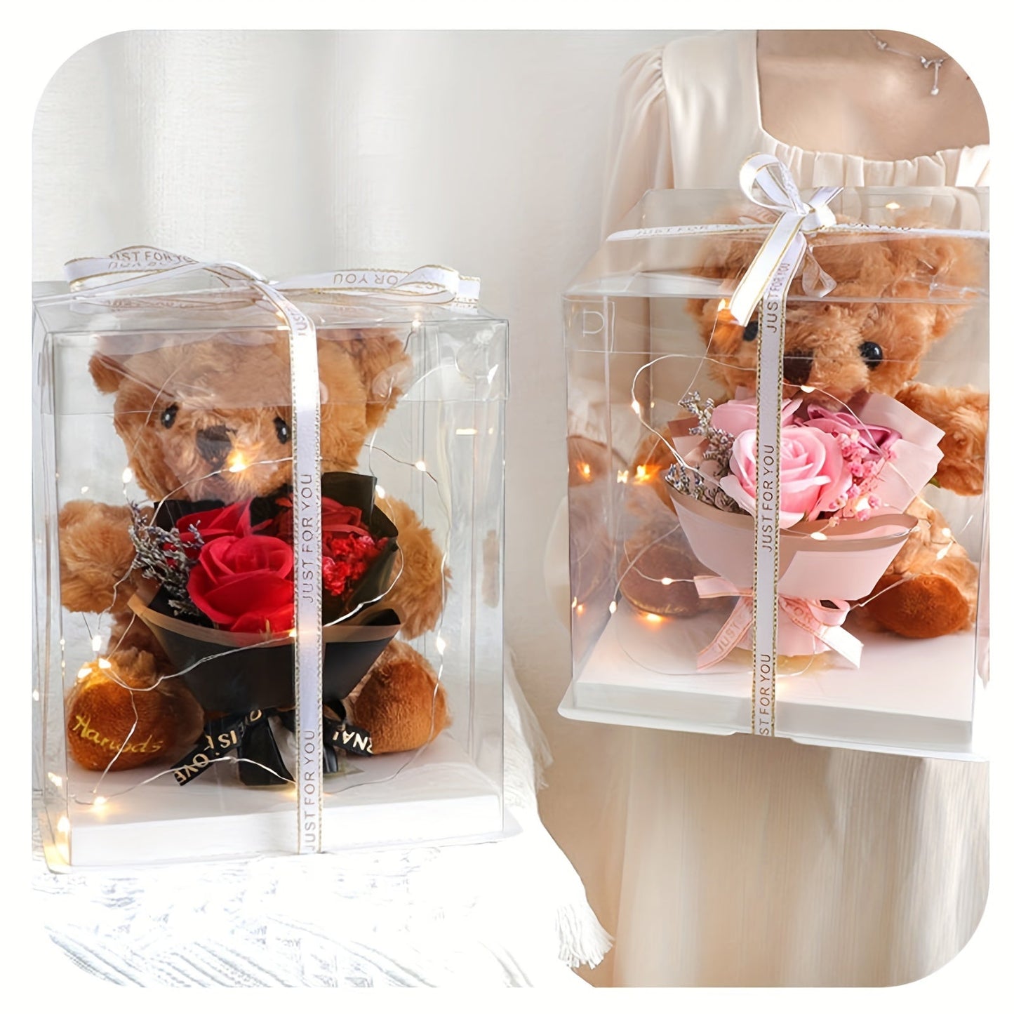 Valentine's Day Gift Box featuring a Adorable Bear Bouquet, Soap Flower Bear Holding Flower Main Gift, Ideal for Christmas, Birthdays, Nurse's Day, Teacher's Day, and other Special Occasions. Simple Assembly Required. Great All-Purpose Gift Box.