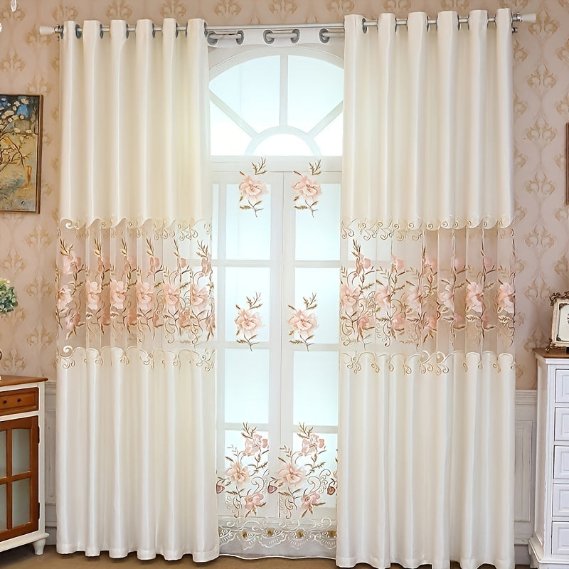 Add a touch of elegance to your living room or bedroom with this beautiful 1pc Pink Floral Embroidered Sheer Curtain. Made of semi-transparent polyester, this curtain features delicate embroidery and eyelets for easy hanging. Machine washable for