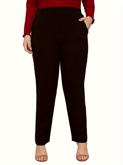 High-waisted, slim-fitting straight-leg pants for plus size, made of polyester with pockets. Ideal for Spring/Fall and machine washable.