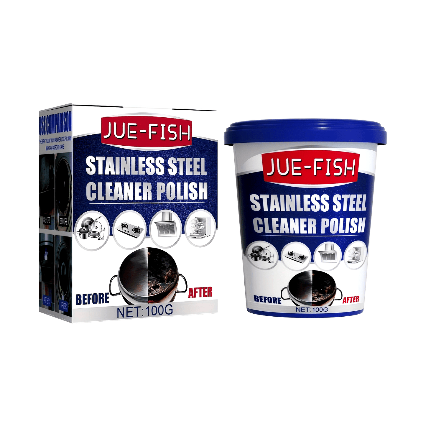 Try our JUE-FISH Stainless Steel Cleaner Polish in a 100g size. This Metal Surface Restorer is perfect for pots and pans, leaving a residue-free shine. Our Kitchen Degreaser contains Citral and is safe to use on food contact surfaces.