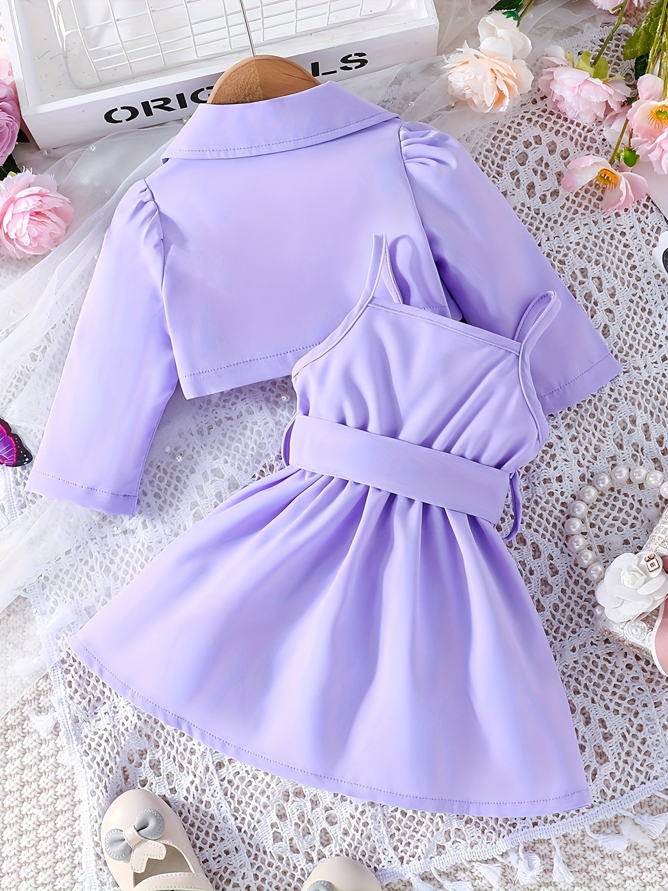 2-piece set for girls includes solid color long-sleeve coat with collar and camisole dress for outdoor wear.